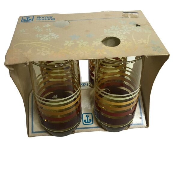 ANCHOR HOCKING VTG Striped Cooler Glasses Set 4 w/ Box 16oz NOS USA Barware MCM - Picture 8 of 12